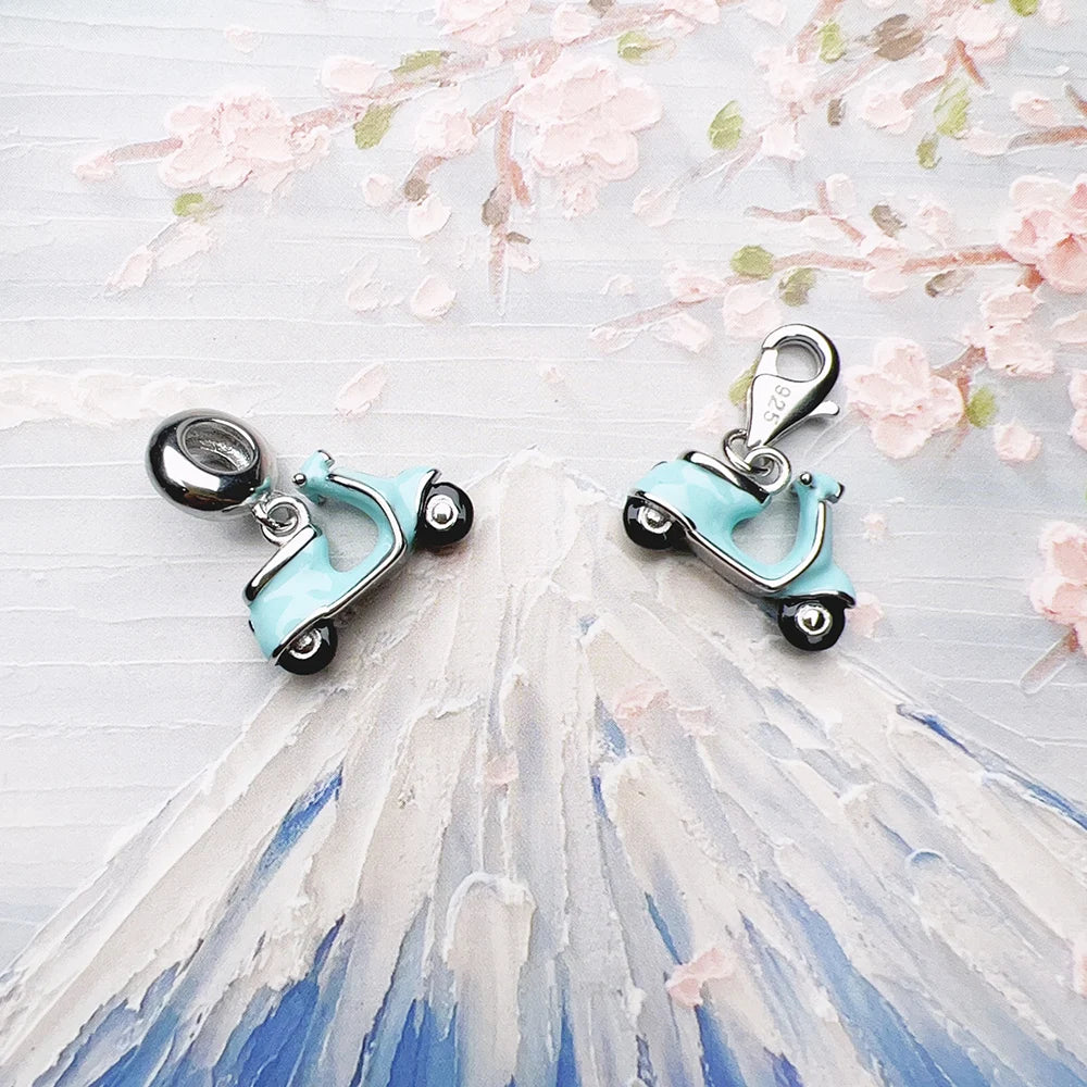 Blue Motor Scooter Pendant Charm New Fine Jewelry Real 925 Sterling Silver Trendy Holiday Vibes Gift For Women Men