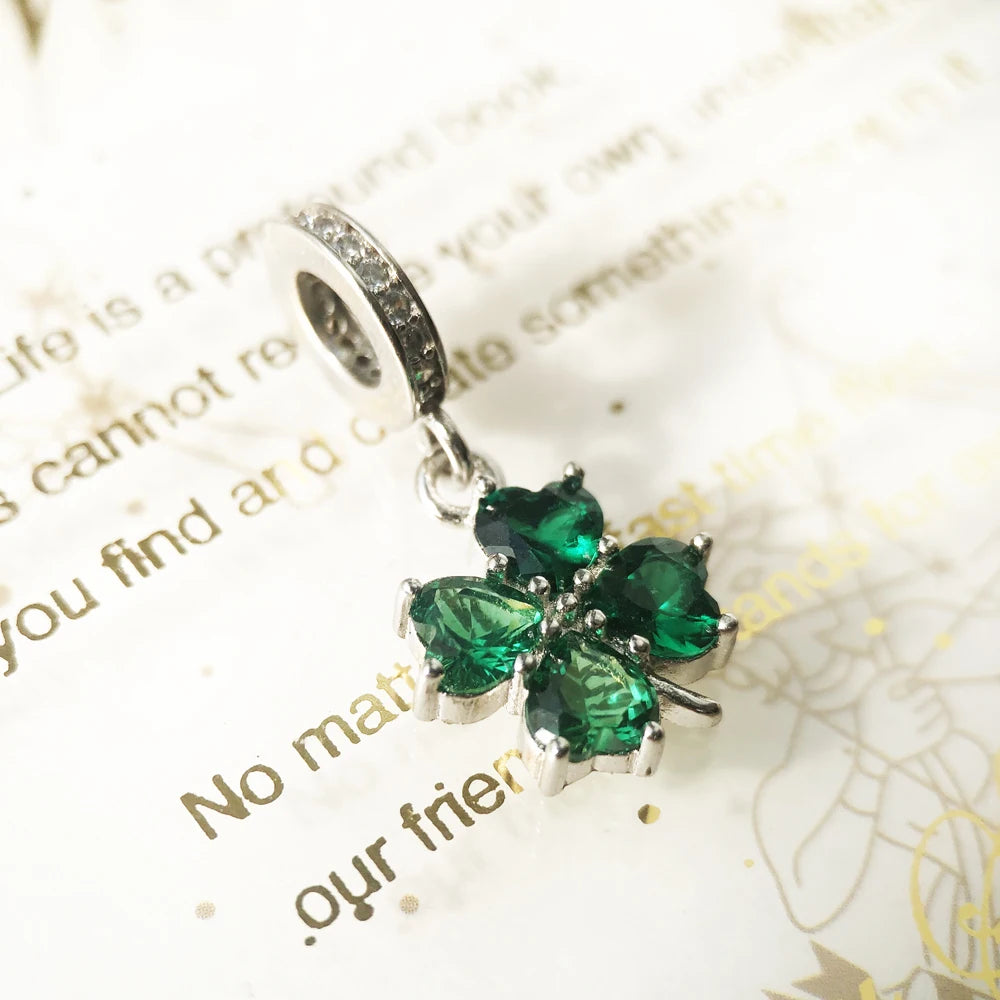 Green Heart Cloverleaf Dangle Charm Lucky Pendant Women Summer 925 Sterling Silver Fine Jewelry