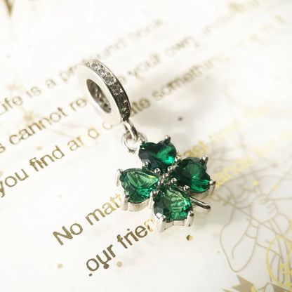 Green Heart Cloverleaf Dangle Charm Lucky Pendant Women Summer 925 Sterling Silver Fine Jewelry