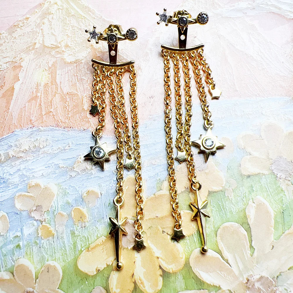 Gold Plated Drop Earrings Star Decorated Chains Europe Style Fine Jewelry Bohemia Gift For Women In Pure 925 Sterling Silver