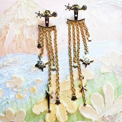 Gold Plated Drop Earrings Star Decorated Chains Europe Style Fine Jewelry Bohemia Gift For Women In Pure 925 Sterling Silver