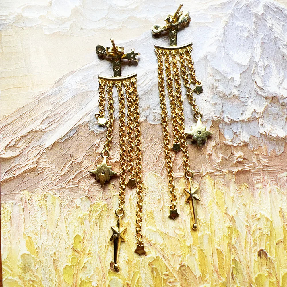 Gold Plated Drop Earrings Star Decorated Chains Europe Style Fine Jewelry Bohemia Gift For Women In Pure 925 Sterling Silver