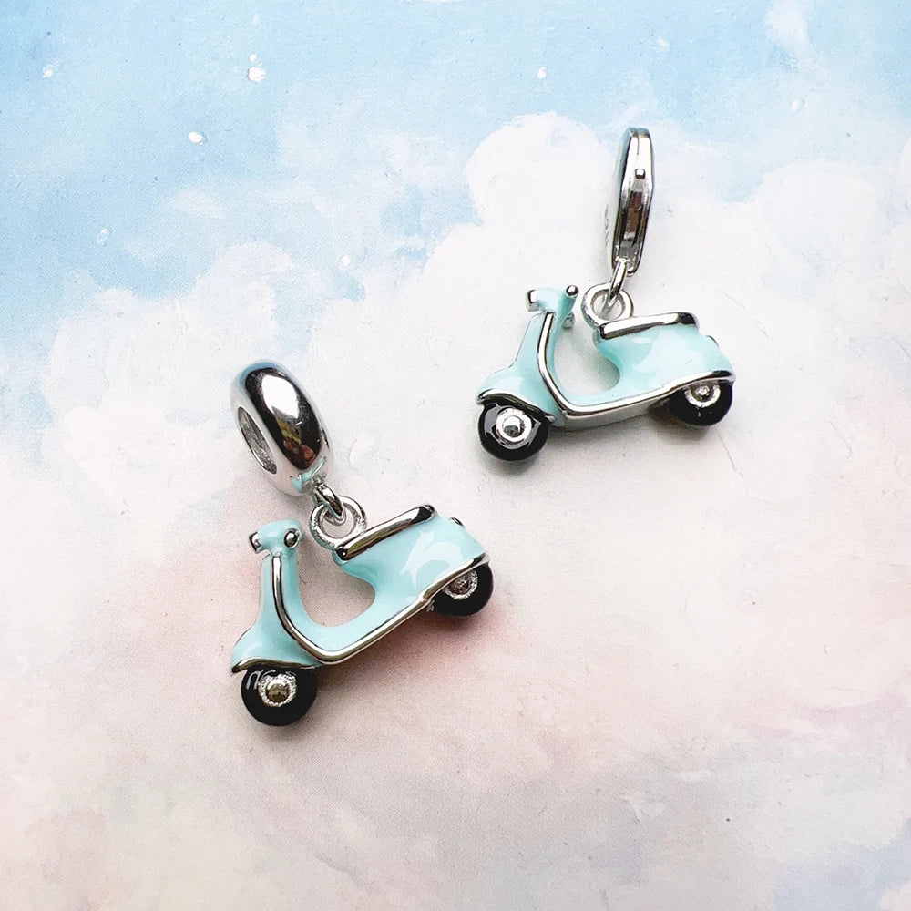 Blue Motor Scooter Pendant Charm New Fine Jewelry Real 925 Sterling Silver Trendy Holiday Vibes Gift For Women Men