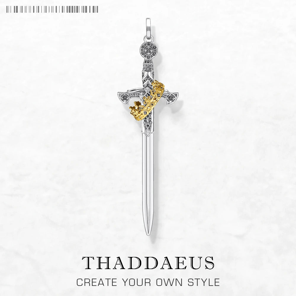 Large Sword With Crown Pendant Fashion Vintage Jewelry Europe 925 Sterling Silver Gift For Woman & Men