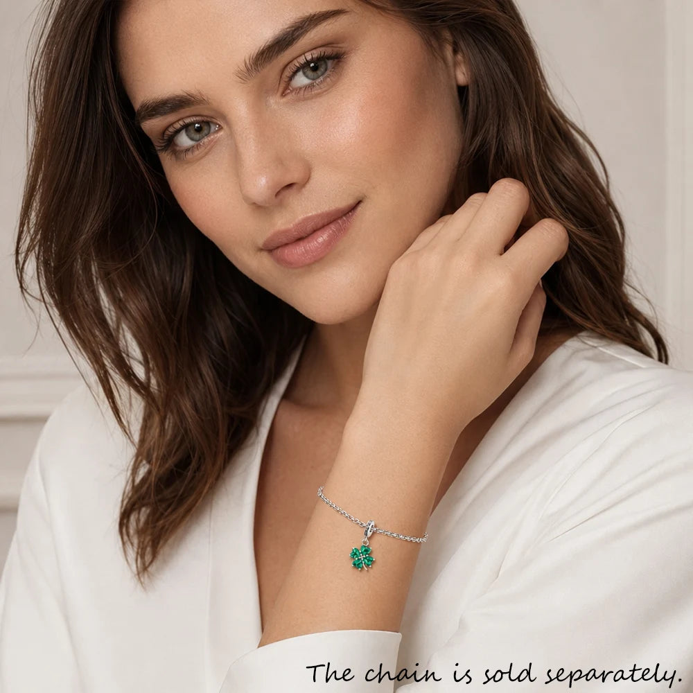 Green Heart Cloverleaf Dangle Charm Lucky Pendant Women Summer 925 Sterling Silver Fine Jewelry
