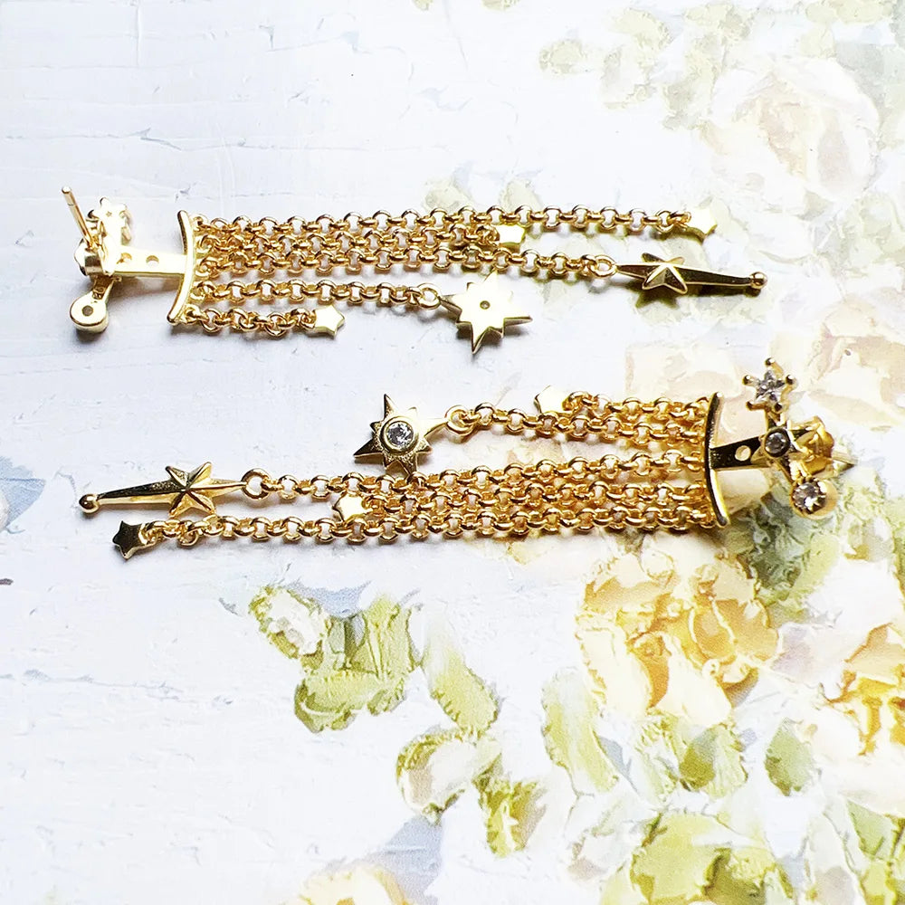 Gold Plated Drop Earrings Star Decorated Chains Europe Style Fine Jewelry Bohemia Gift For Women In Pure 925 Sterling Silver