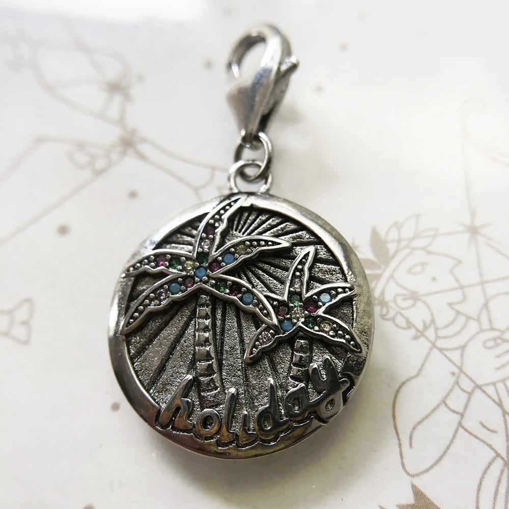 Charm Pendant Disc Tropical Holiday Palm Trees New European Summer Fun Jewelry Gift For Women Men 925 Sterling Silver